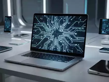 Futuristischer Laptop mit Schaltkreismustern, umgeben von eleganten elektronischen Geräten, symbolisiert Apples Hardware-Innovation. - Foto: über boerse-global.de