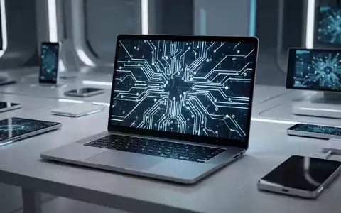 Futuristischer Laptop mit Schaltkreismustern, umgeben von eleganten elektronischen Geräten, symbolisiert Apples Hardware-Innovation. - Foto: über boerse-global.de