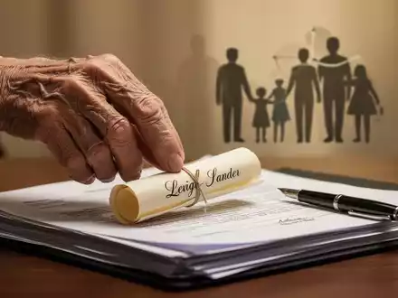 Eine weise Hand legt eine kleine Schriftrolle auf juristische Dokumente und einen Stift, im Hintergrund eine Familiensilhouette. - Foto: über boerse-global.de