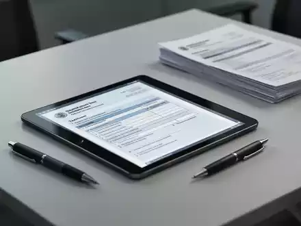 Ein Tablet zeigt eine digitale Steuererklärung, daneben ein Stift und im Hintergrund unscharfe Papierformulare. Fokus auf Digitalisierung und Effizienz. - Foto: über boerse-global.de