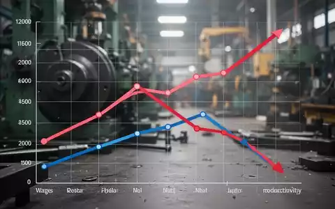 Ein Diagramm zeigt steigende Lohnkosten und sinkende Produktivität, mit unscharfem Hintergrund einer deutschen Industrieanlage. - Foto: über boerse-global.de