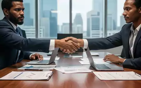 Zwei Geschäftsleute, einer Management, der andere Arbeitnehmervertretung, reichen sich über einem Konferenztisch die Hand. - Foto: über boerse-global.de