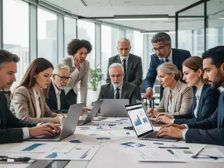 Eine vielfältige Gruppe von Finanzexperten arbeitet in einem modernen Büro zusammen, konzentriert sich auf Laptops und Dokumente. - Foto: über boerse-global.de