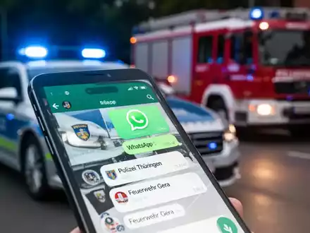 Ein Smartphone-Bildschirm zeigt WhatsApp-Nachrichten von Polizei und Feuerwehr. Im Hintergrund verschwommen Einsatzfahrzeuge. - Foto: über boerse-global.de