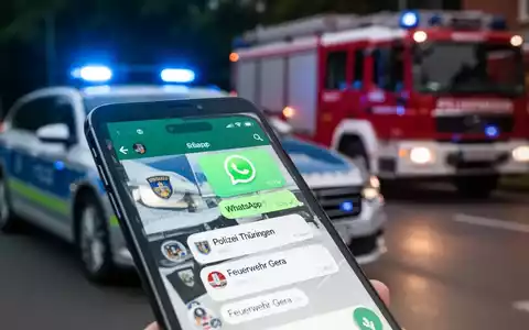 Ein Smartphone-Bildschirm zeigt WhatsApp-Nachrichten von Polizei und Feuerwehr. Im Hintergrund verschwommen Einsatzfahrzeuge. - Foto: über boerse-global.de