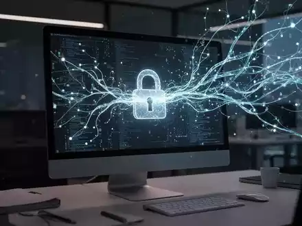 Leuchtendes neuronales Netzwerk, das in einen Computerbildschirm mit Vorhängeschloss-Symbol fließt, symbolisiert KI-Datennutzung und Datenschutzbedenken. - Foto: über boerse-global.de