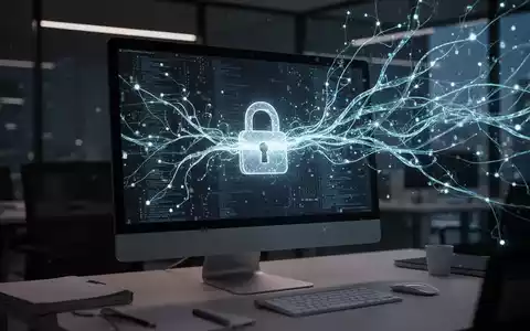 Leuchtendes neuronales Netzwerk, das in einen Computerbildschirm mit Vorhängeschloss-Symbol fließt, symbolisiert KI-Datennutzung und Datenschutzbedenken. - Foto: über boerse-global.de