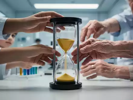 Nahaufnahme verschiedener Hände, jung und alt, die nach einer schnell rieselnden Sanduhr greifen, um beschleunigtes Altern darzustellen. - Foto: über boerse-global.de