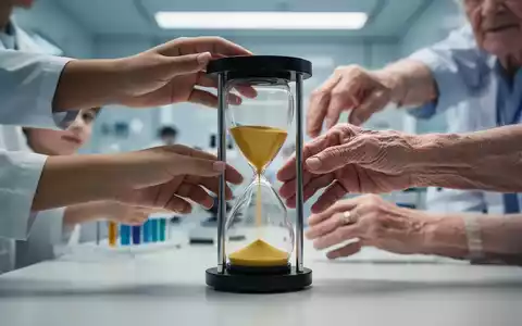 Nahaufnahme verschiedener Hände, jung und alt, die nach einer schnell rieselnden Sanduhr greifen, um beschleunigtes Altern darzustellen. - Foto: über boerse-global.de