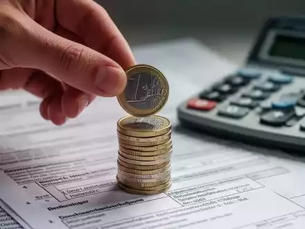 Eine Hand legt eine Euromünze auf einen Stapel Münzen, mit verschwommenen Steuerdokumenten und einem Taschenrechner im Hintergrund. - Foto: über boerse-global.de