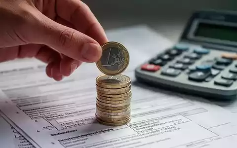 Eine Hand legt eine Euromünze auf einen Stapel Münzen, mit verschwommenen Steuerdokumenten und einem Taschenrechner im Hintergrund. - Foto: über boerse-global.de