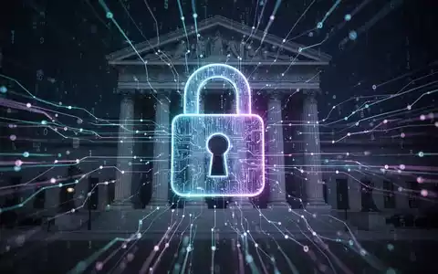 Ein stilisiertes digitales Schloss-Symbol über einem Netzwerk aus leuchtenden Datenströmen, im Hintergrund eine Bank. - Foto: über boerse-global.de
