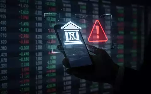 Eine Hand hält ein Smartphone, das ein Banklogo und ein Warnzeichen auf einen dunklen Hintergrund mit Finanzdaten projiziert. - Foto: über boerse-global.de