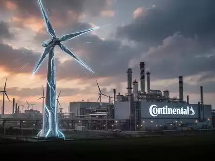 Eine moderne Windkraftanlage steht vor einem großen Industriegelände mit Fabrikgebäuden, symbolisierend Dekarbonisierung in der Industrie. - Foto: über boerse-global.de