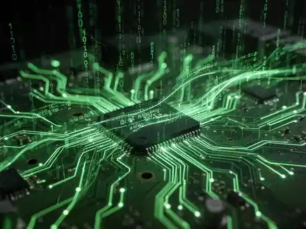 Leuchtend grüne Leiterplatte mit abstrakten digitalen Datenströmen, die Malware und Datendiebstahl darstellen. - Foto: über boerse-global.de