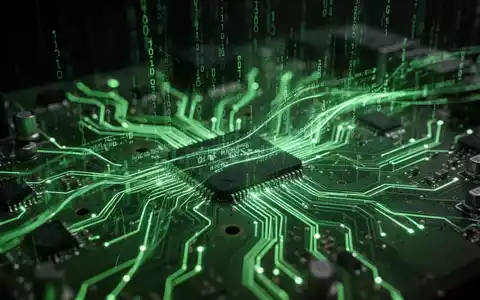 Leuchtend grüne Leiterplatte mit abstrakten digitalen Datenströmen, die Malware und Datendiebstahl darstellen. - Foto: über boerse-global.de