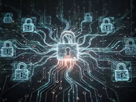 Abstrakte digitale Darstellung eines neuronalen Netzes mit leuchtenden Linien, durchsetzt mit Vorhängeschloss-Symbolen und Binärcode, die KI-gesteuerte Ransomware symbolisieren. - Foto: über boerse-global.de