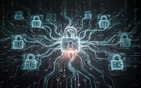 Abstrakte digitale Darstellung eines neuronalen Netzes mit leuchtenden Linien, durchsetzt mit Vorhängeschloss-Symbolen und Binärcode, die KI-gesteuerte Ransomware symbolisieren. - Foto: über boerse-global.de