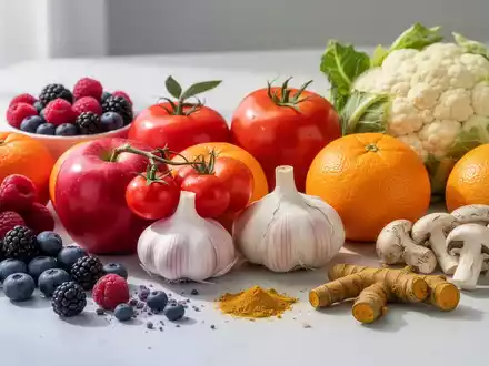 Eine Nahaufnahme einer bunten Auswahl an frischem Obst und Gemüse, darunter Beeren, Äpfel, Orangen, Knoblauch und Blumenkohl. - Foto: über boerse-global.de