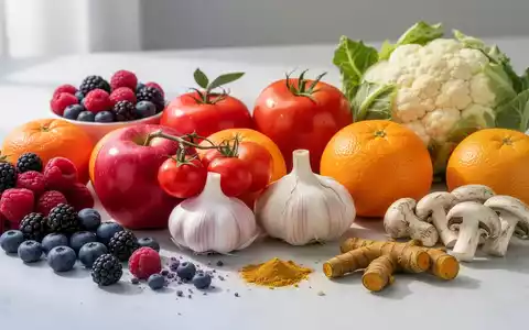 Eine Nahaufnahme einer bunten Auswahl an frischem Obst und Gemüse, darunter Beeren, Äpfel, Orangen, Knoblauch und Blumenkohl. - Foto: über boerse-global.de