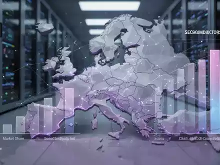 Eine stilisierte, leuchtende 3D-Karte Europas mit digitalen Linien und transparenten Balkendiagrammen zu Halbleitern und Cloud Computing. - Foto: über boerse-global.de
