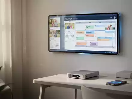 Digitaler Wandkalender in einem modernen Zuhause, daneben ein Schreibtisch mit externer Festplatte und Smartphone, symbolisiert Haushaltsorganisation. - Foto: über boerse-global.de