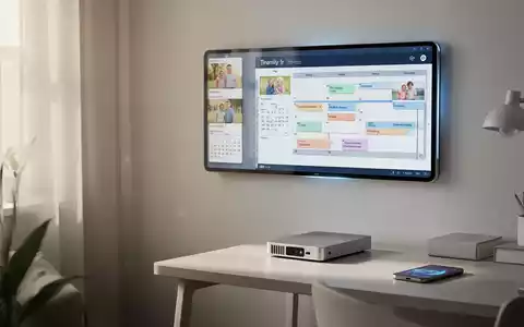 Digitaler Wandkalender in einem modernen Zuhause, daneben ein Schreibtisch mit externer Festplatte und Smartphone, symbolisiert Haushaltsorganisation. - Foto: über boerse-global.de