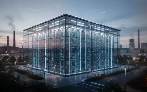 Großes, modernes Rechenzentrum mit blauen Leuchten in der Dämmerung einer deutschen Industrielandschaft. - Foto: über boerse-global.de