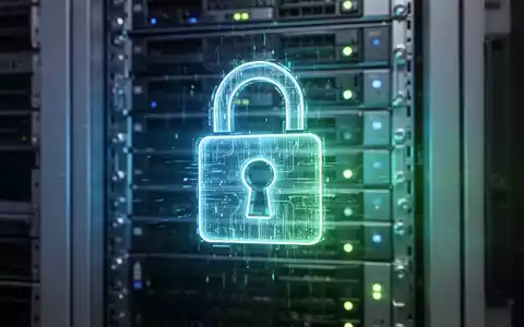 Abstraktes digitales Vorhängeschloss, blau-grün leuchtend, über unscharfen Server-Racks. - Foto: über boerse-global.de