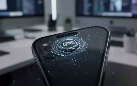 Nahaufnahme des Action-Buttons eines iPhones, beleuchtet, vor einem dezent unscharfen Hintergrund eines modernen Arbeitsplatzes. - Foto: über boerse-global.de