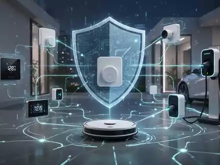Sicheres, vernetztes Smart-Home-System mit Roboter, EV-Ladestation und Thermostat, geschützt durch einen digitalen Schild. - Foto: über boerse-global.de