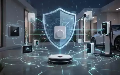 Sicheres, vernetztes Smart-Home-System mit Roboter, EV-Ladestation und Thermostat, geschützt durch einen digitalen Schild. - Foto: über boerse-global.de