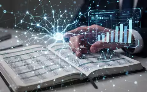 Eine futuristische, leuchtende neuronale Netzwerkschnittstelle über einem Hauptbuch mit Finanzdaten, die die KI-Integration in die Buchhaltung symbolisiert. - Foto: über boerse-global.de