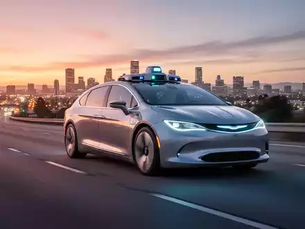 Ein Waymo-Selbstfahrer fährt bei Sonnenuntergang auf einer Autobahn, Stadtlichter in der Ferne, symbolisiert technologische Expansion. - Foto: über boerse-global.de