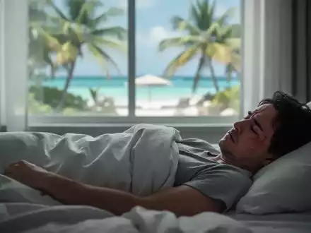 Eine kranke Person im Bett mit einem verschwommenen tropischen Urlaubshintergrund, der durch ein Fenster sichtbar ist. - Foto: über boerse-global.de