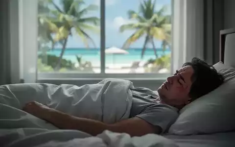 Eine kranke Person im Bett mit einem verschwommenen tropischen Urlaubshintergrund, der durch ein Fenster sichtbar ist. - Foto: über boerse-global.de