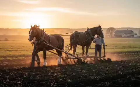 Ein Amish-Bauer pflügt ein Feld mit einem Pferdepflug bei Sonnenaufgang, goldene Lichtstimmung, ländliche Landschaft. - Foto: über boerse-global.de