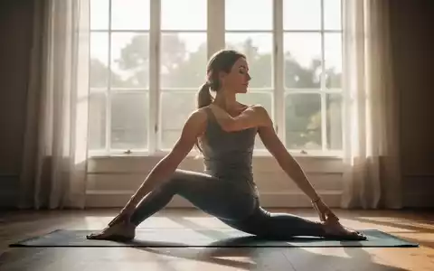 Eine ruhige Frau in einer Yoga-Pose auf einer Matte, umgeben von weichem, natürlichem Licht, das durch ein Fenster fällt. - Foto: über boerse-global.de