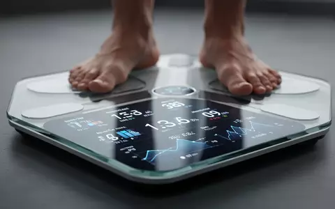 Nahaufnahme einer modernen Smart-Waage, die verschiedene Gesundheitswerte wie Körperfettanteil und Muskelmasse anzeigt. - Foto: über boerse-global.de