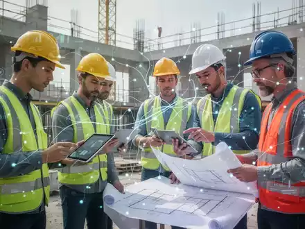 Bauarbeiter unterschiedlicher Herkunft nutzen digitale Tablets auf einer Baustelle, um Pläne und Aufgaben zu koordinieren, symbolisierend digitale Integration. - Foto: über boerse-global.de