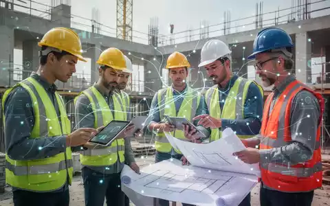 Bauarbeiter unterschiedlicher Herkunft nutzen digitale Tablets auf einer Baustelle, um Pläne und Aufgaben zu koordinieren, symbolisierend digitale Integration. - Foto: über boerse-global.de