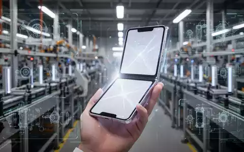 Schlankes, offenes Foldable-Smartphone, sanft leuchtend, in einer Hand vor unscharfen Fabriklinien und digitalen Schemata. - Foto: über boerse-global.de
