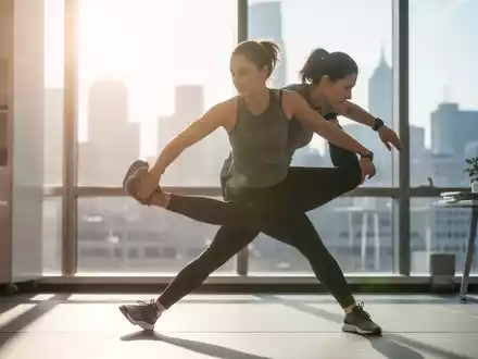 Eine Person in Sportkleidung macht eine schnelle Dehnübung in einem modernen Büro mit Sonnenlicht und Blick auf die Stadt. - Foto: über boerse-global.de