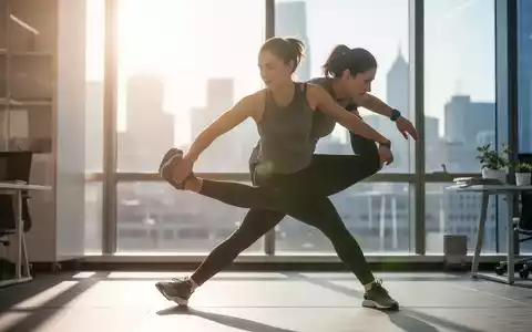 Eine Person in Sportkleidung macht eine schnelle Dehnübung in einem modernen Büro mit Sonnenlicht und Blick auf die Stadt. - Foto: über boerse-global.de