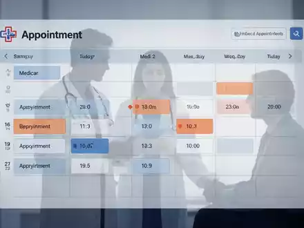 Digitaler Kalender mit Arztterminen, dezente Überlagerung von Arzt und Patient, symbolisiert Terminplanung im Gesundheitswesen. - Foto: über boerse-global.de
