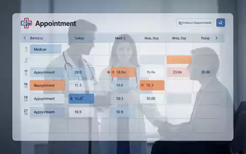 Digitaler Kalender mit Arztterminen, dezente Überlagerung von Arzt und Patient, symbolisiert Terminplanung im Gesundheitswesen. - Foto: über boerse-global.de