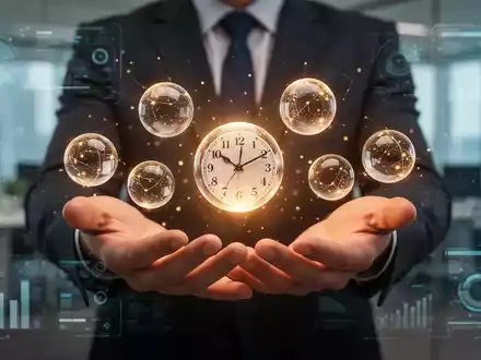 Hände balancieren leuchtende Kugeln, die Aufgaben und Zeit symbolisieren, vor einem unscharfen Bürohintergrund mit digitalen Elementen. - Foto: über boerse-global.de