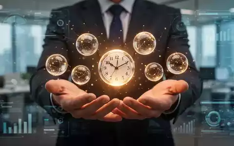 Hände balancieren leuchtende Kugeln, die Aufgaben und Zeit symbolisieren, vor einem unscharfen Bürohintergrund mit digitalen Elementen. - Foto: über boerse-global.de