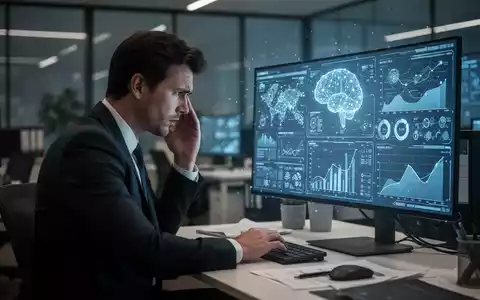 Ein frustrierter Geschäftsprofi blickt auf einen Bildschirm mit KI-Daten und Diagrammen in einem modernen Büro. - Foto: über boerse-global.de