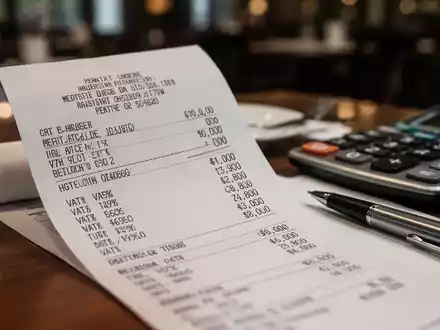 Nahaufnahme einer Restaurantrechnung mit deutlich sichtbaren Mehrwertsteuersätzen und einem Stift, der Steueränderungen in der Gastronomie symbolisiert. - Foto: über boerse-global.de
